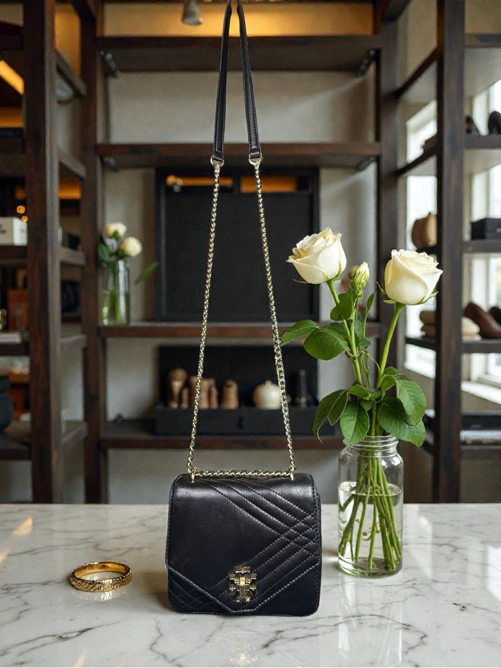 Tory Burch Kira Black Quilted Leather Chain Crossbody Shoulder Bag Gold Hardware